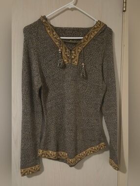 Alpaca Fina Peru Hooded Knit Sweater Brown Tan Llama Trim (S)